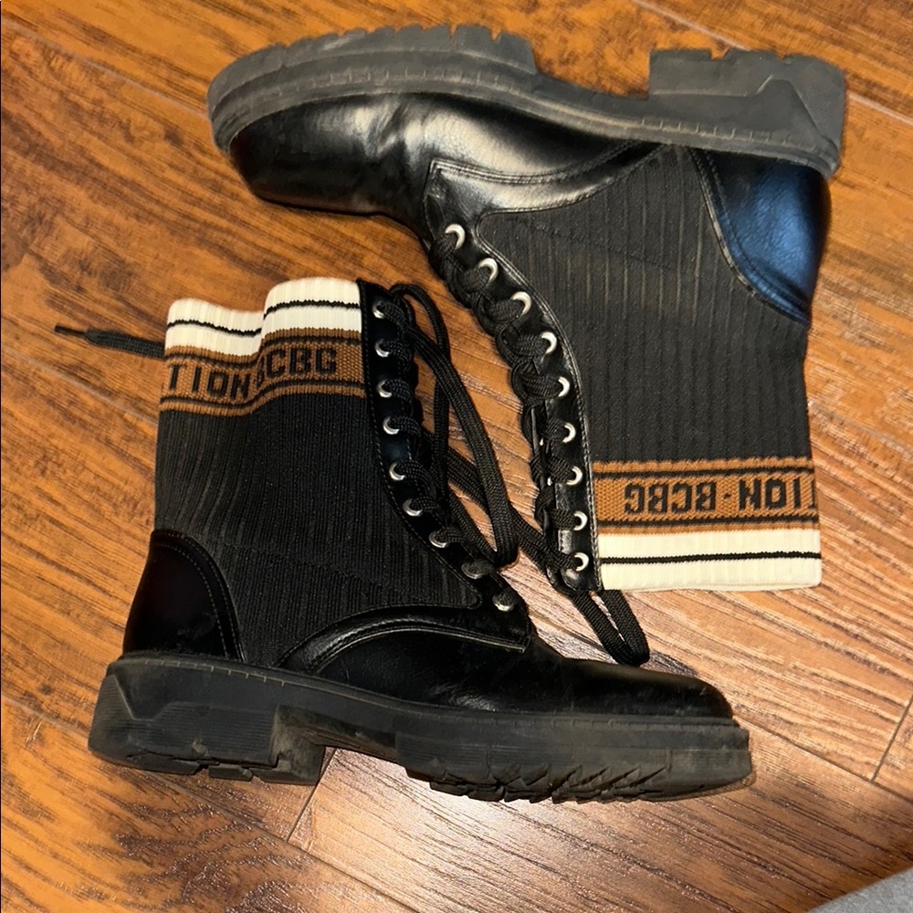 BCBG Black Combat Boots with Striped Knit Cuffs